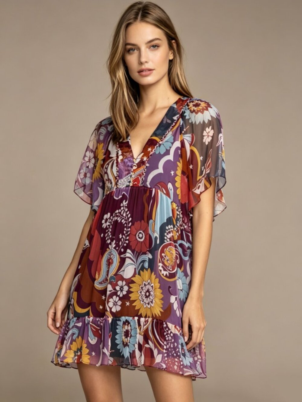 $365 NWT Johnny Was Margareta Silk Floral Ruffles Twist Mini Dress Size XS